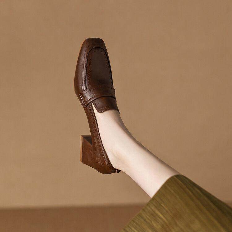 Women's Chunky Heel Retro Square Toe Loafers - Genuine Leather, Clearance, Spring/Autumn 2025