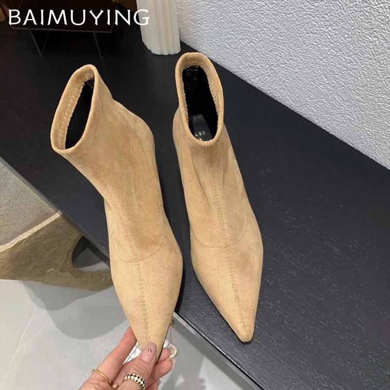 Suede Pointed Toe Women Ankle Boots Mid Heels Stilettos Shoes Woman 2025 Trend Winter Fashion Elegant Sexy Chelsea Botas Female