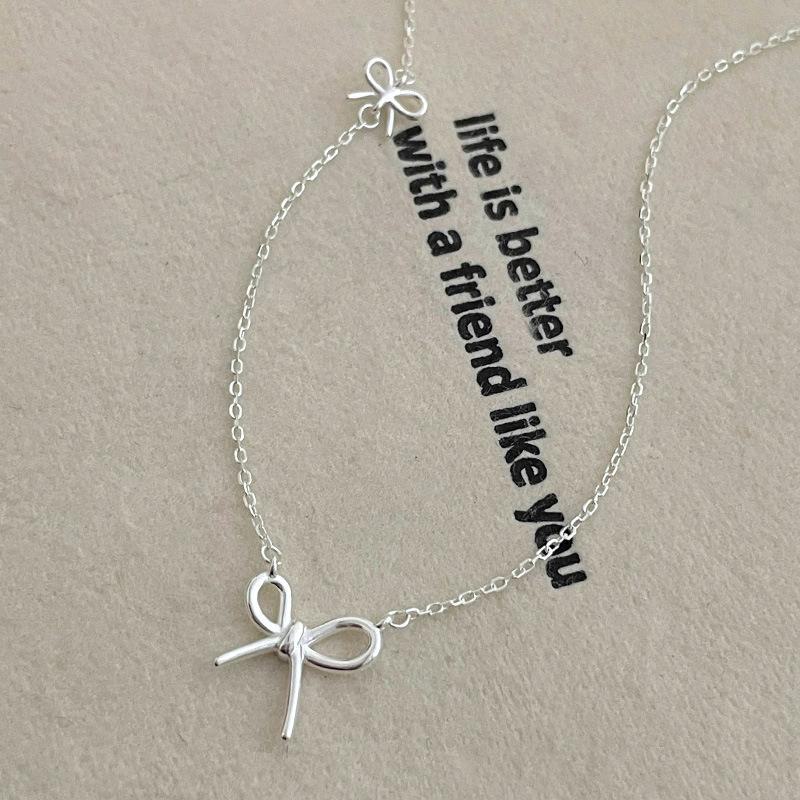 Banyan Tree S925 Silver Bowknot Necklace - Sweet Korean Style Clavicle Chain for Women