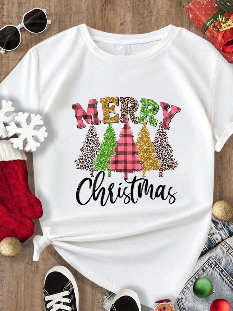 (Asian Size) Tee Merry Christmas New Year Holiday Top Festival Casual Women Letter Sweet 90s Print Lady Short Sleeve Fashion Graphic T-shirts