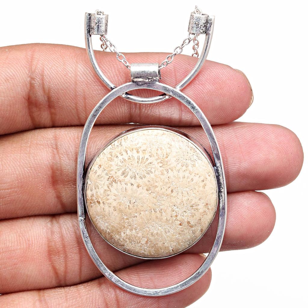 Necklace Fossil Coral Gemstone Jewelry Handmade Pendant 20" Natural