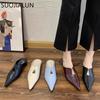 Fashion SUOJIALUN 2025 Spring New Brand Women Slipper Fashion Pointed Toe Slip On Ladies Elegant Mules Shoes Square Low Heel Dress Sanda