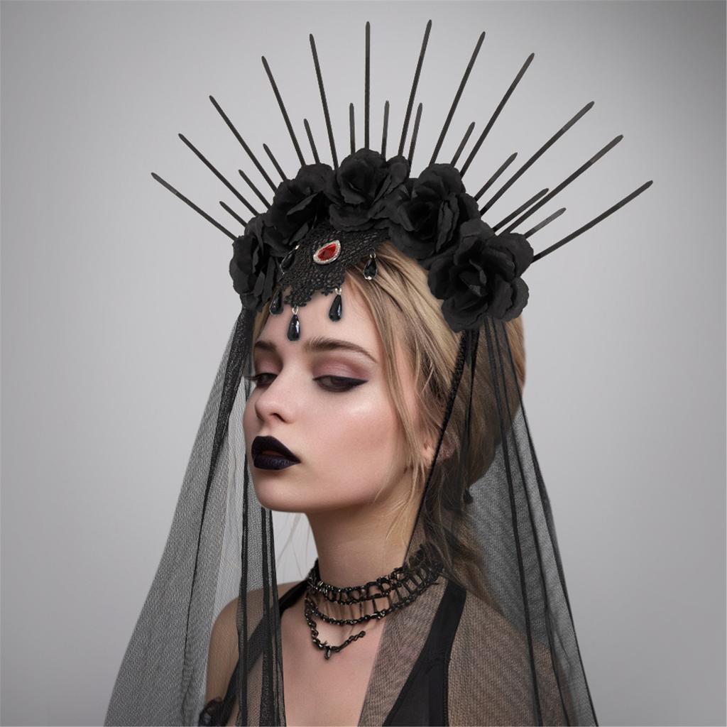 Gothic Queen Bride Costume Headband with Mesh and Rhinestone Lace Flower Crown for Halloween Cosplay Party Festivals