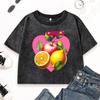 Fresh Fruit Apple Orange Lemons Print Washed Crop T Shirt Women Slim Casual T-Shirts Cotton Vintage Top Summer Clothes