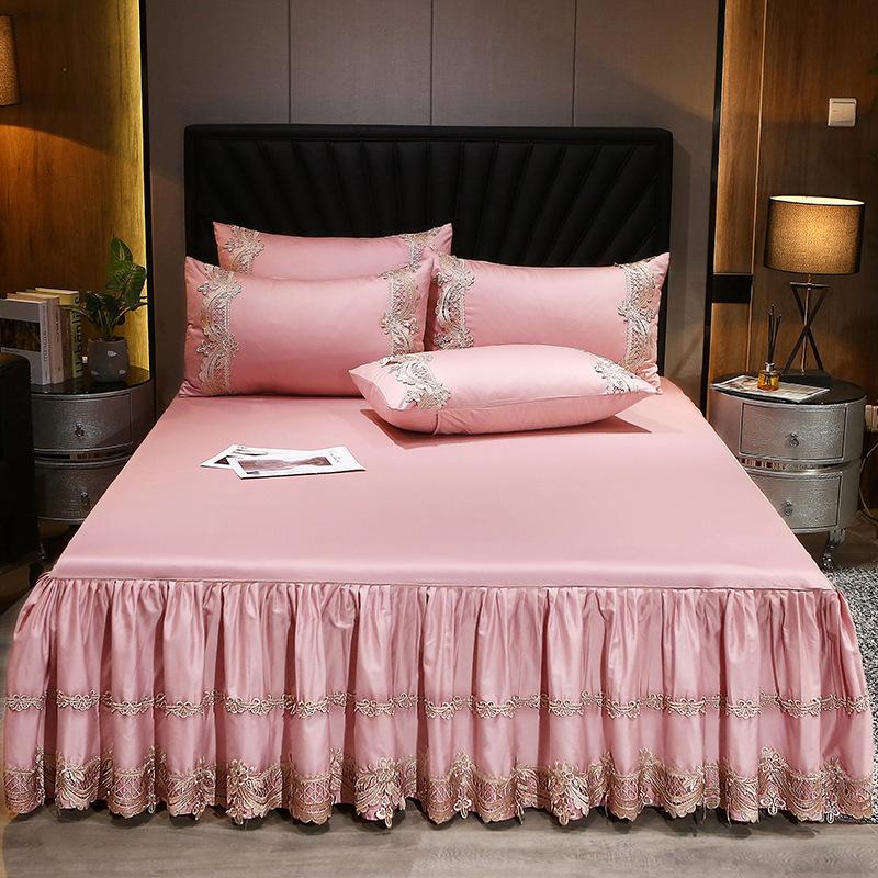 Атлас в европейском стиле 60-х годов, длинноволокнистый хлопок, кружевная юбка-кровать, трехсекционное хлопковое нескользящее покрывало, комплект из трех предметов 1,5 M1,8 M