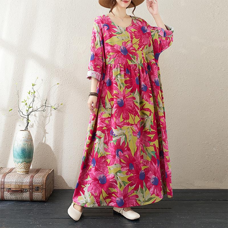 Round Neck Long Sleeve Bohemian Clothing Retro Autumn Cotton Linen Dresses Vintage Casual Floral Printed Long Dress for Women