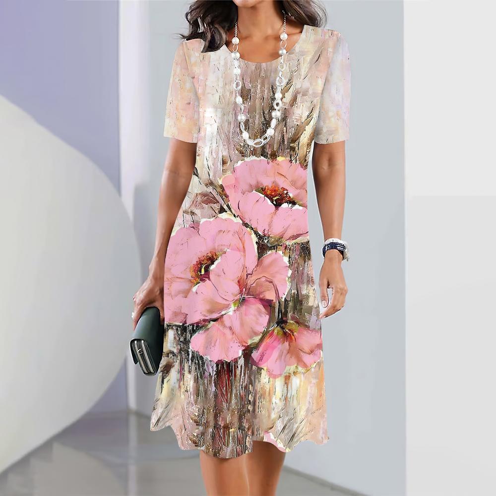 2024 New Spring Women's Dresses Floral Printed Elegant Casual Short Sleeve Dresses Fashion Oversized Women's Dresses