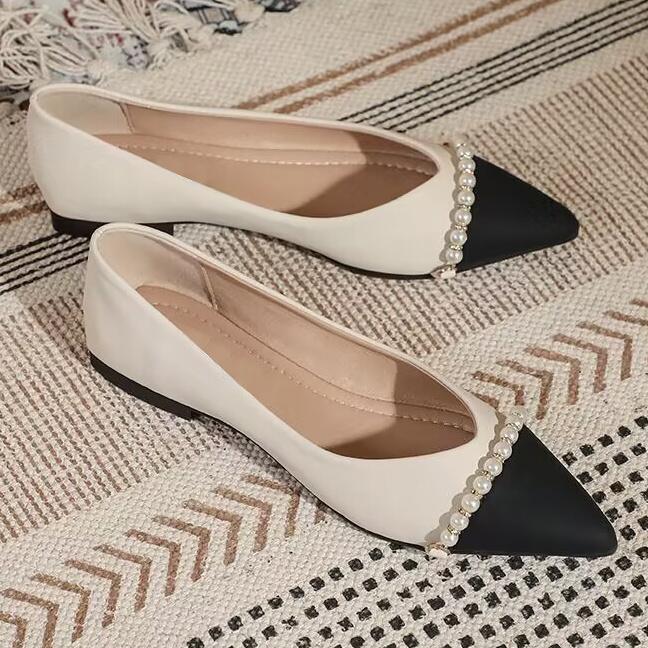 Fashion Splicing Color Pearl Pointed Toe Woman Flats Promotion Spring and Autumn Chic Point Comfortable Elegant Slip-on Shoes for Women