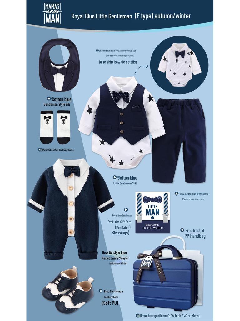 Royal Blue Baby Boy Gentleman Suit Gift Set for Autumn/Winter - Perfect for First Birthday, Full Moon, or Hundred Days Celebration