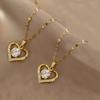 ZAKOL 2 Pieces Hot Sale Titanium Steel Zircon Inlaid Heart Pendant Necklace Exquisite Couple Necklace Fashion Zircon Gift