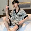 Fashion Design Ink Pajamas Suit Men Ice Silk Thin Summer Short Sleeved Satin Home Clothing Loose Sleepwear Set Male