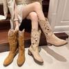 Fashion Hollow Embroidered Vintage Western Boots Women 2025 Autumn Chunky Heels Knee High Cowboy Boots Woman Pu Leather Knight Booties