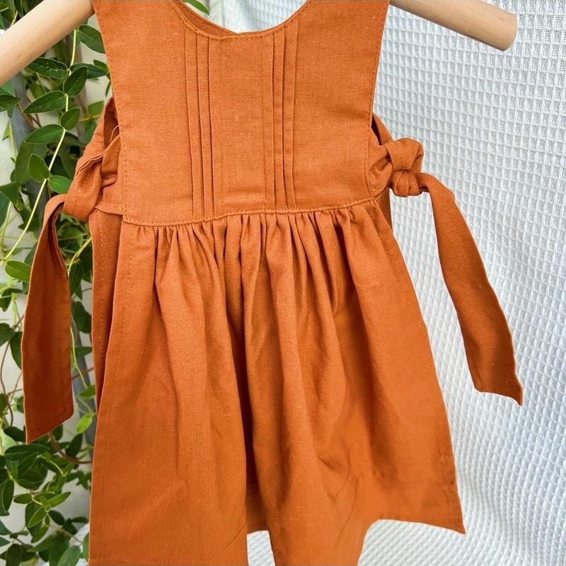 Girl Princess Dress 2023 Spring Autumn New Korean Kids Orange and Beige Retro Cotton Linen Embroidered Dresses Two Piece Set