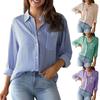 Women Casual Shirt Lapel Long Sleeve Chest Pocket Shirt Tops Vertical Striped Print Single Breasted