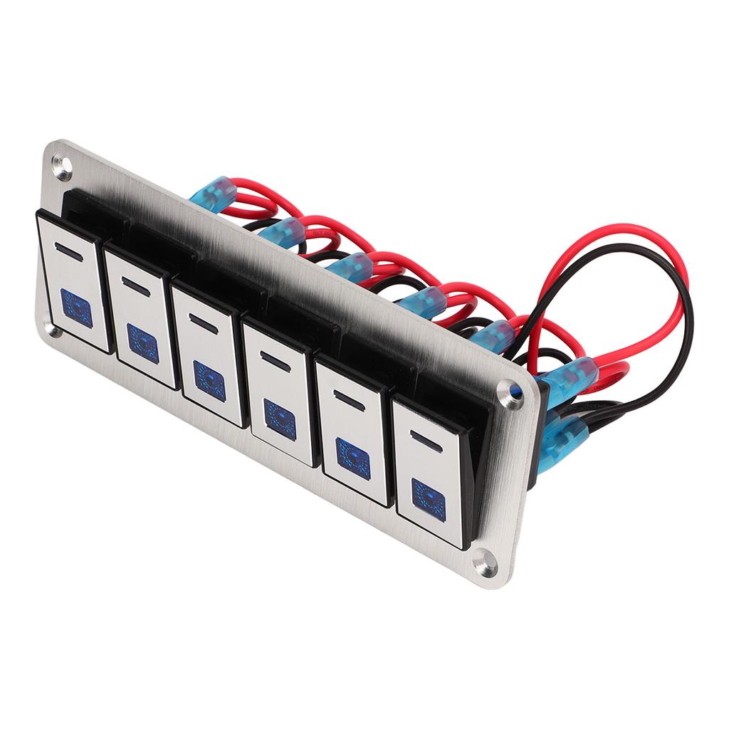 6 Gang Rocker Switch Panel 12V 24V Blue LED Waterproof SPST On Off Pre Wired Switch for Car Boat