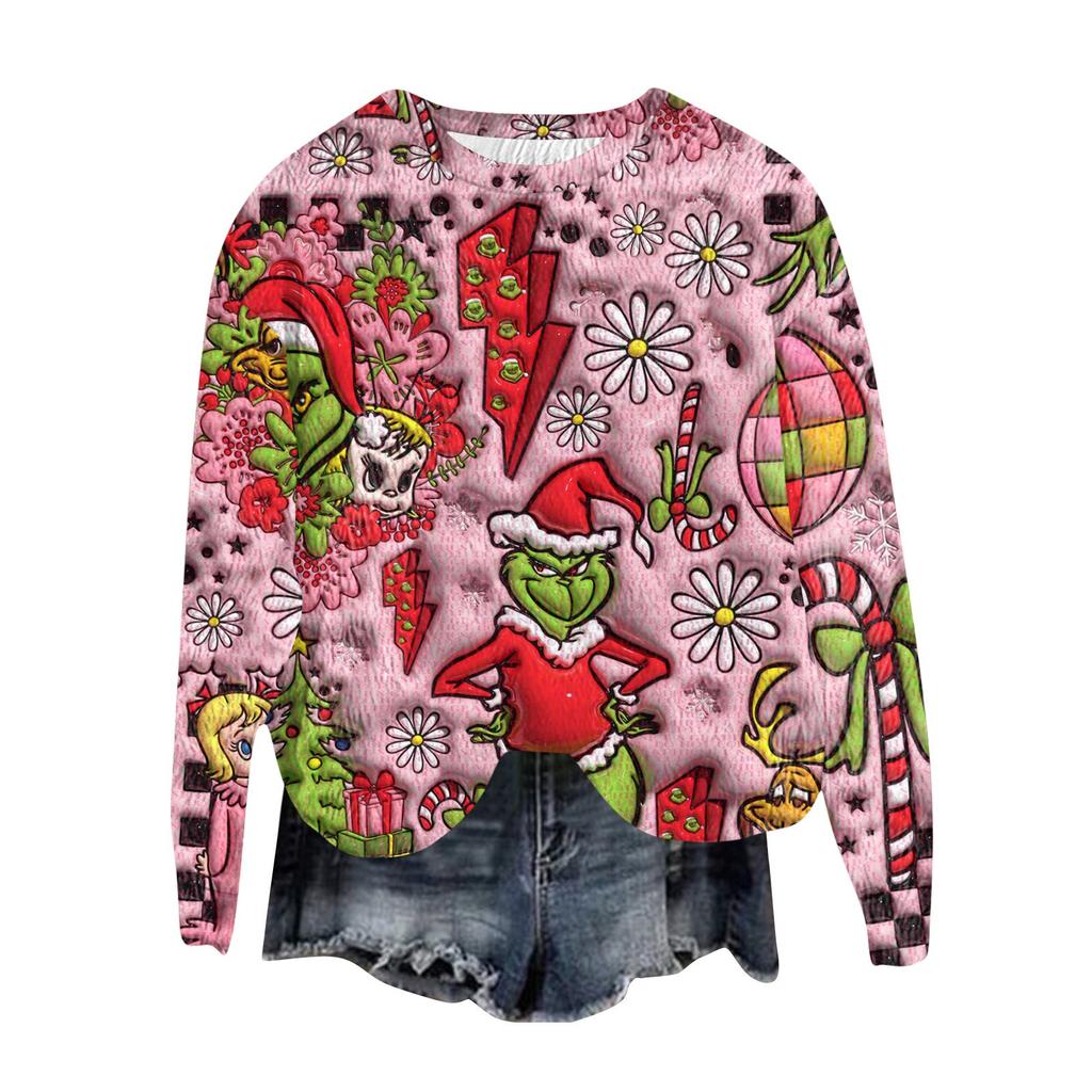 Women's Fashion Round Neck Pullover Top Long Sleeve Tee Christmas Printed Sweatshirt