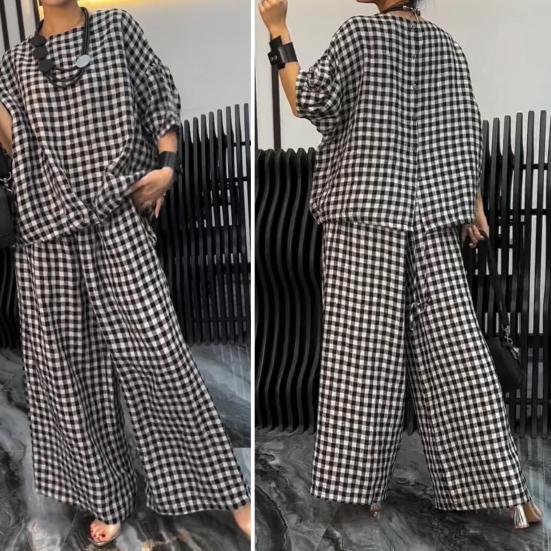 2 Pcs/Set Women Spring Top Pants Set Plaid Print Three-quarter Sleeves Round Neck Split Back T-shirt