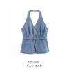 Kaslead New Arrival Women's Fashion Style Halter Backless Sleeveless Denim Shoelace Shirt 850088
