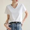 Solid Color Right Shoulder V-neck Cotton T-shirt for Women 2024 Spring and Summer New Style Loose and Slim Inner Pullover Short-sleeved Top