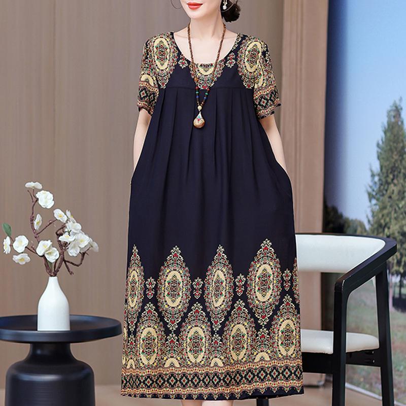 Elegant Long Dresses with Sleeves Plus Size Casual Loose Short Sleeve Vintage Dress for Women Summer Clothes