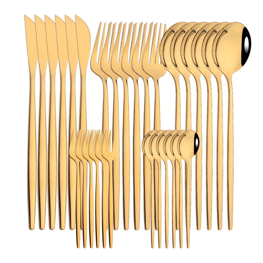 30pcs Gold Dinnerware Set Stainless Steel Cutlery Set Steak Knife Fork Coffee Spoon Flatware Cake Fork Teaspoon Silverware Western Kitchen Tableware