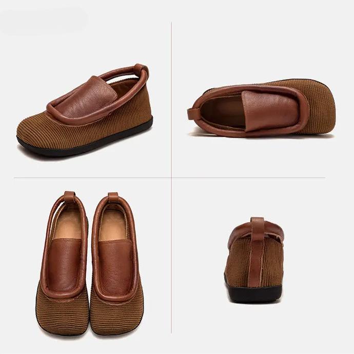 Johnature Retro Round Toe Flats Lightweight And Versatile Genuine Leather Splicing Women's Slip-on Shoes