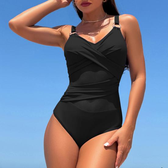 Women Monokini Deep V-Neck Sleeveless Slim Fit One-piece Bikini Solid Color Mesh Splicing