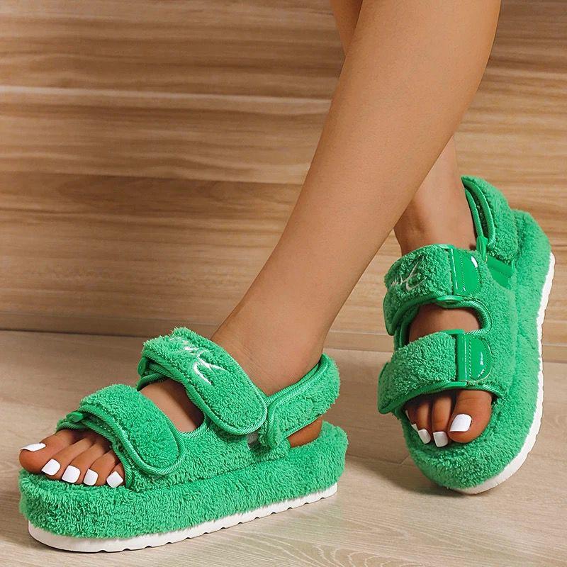 Summer Thick Flat Slides Sandals Girl Fashion Casual Beach Shoes Ladies Open-Toe Plus Size Shoes Fur Platform Sandals Women