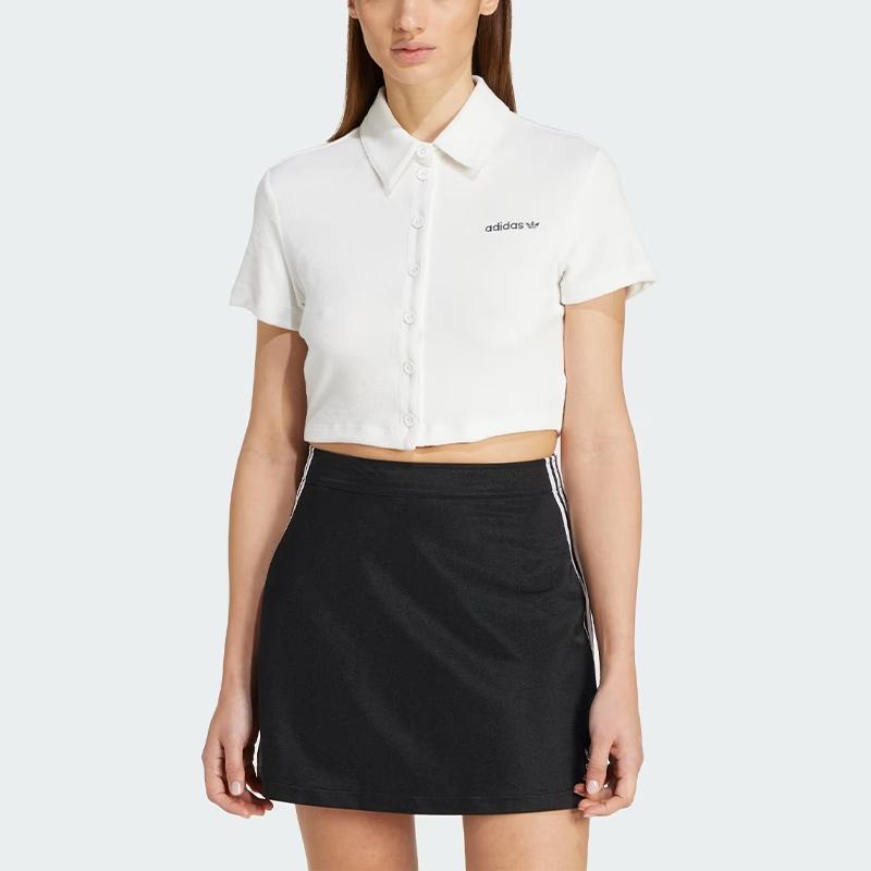 Adidas Originals Striped Towel Button-Up Tee Vintage Fashion Slim Soft Short Sleeve T-Shirt Women Tops Cloud-White JC5334