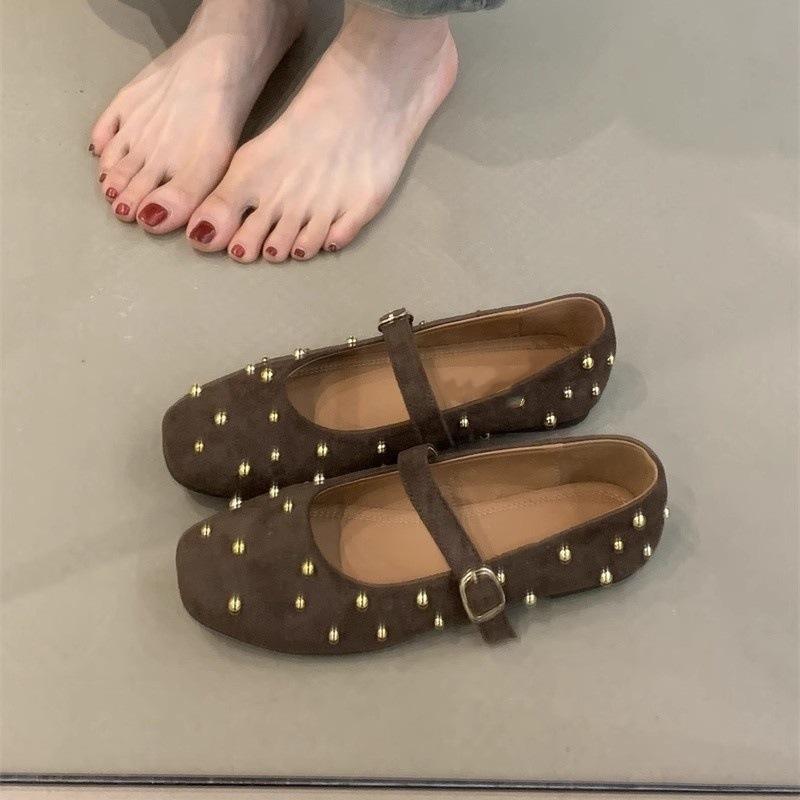 Gentle Fairy Mary Jane Shoes 2025 New Sweet Suede Rivets Square Head Shallow Mouth One-word Buckle Evening Shoes
