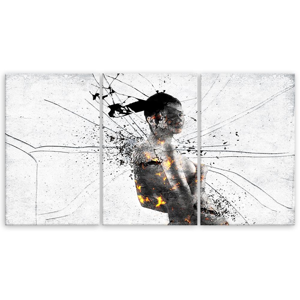 Three Piece Picture Canvas Print Woman Black and White