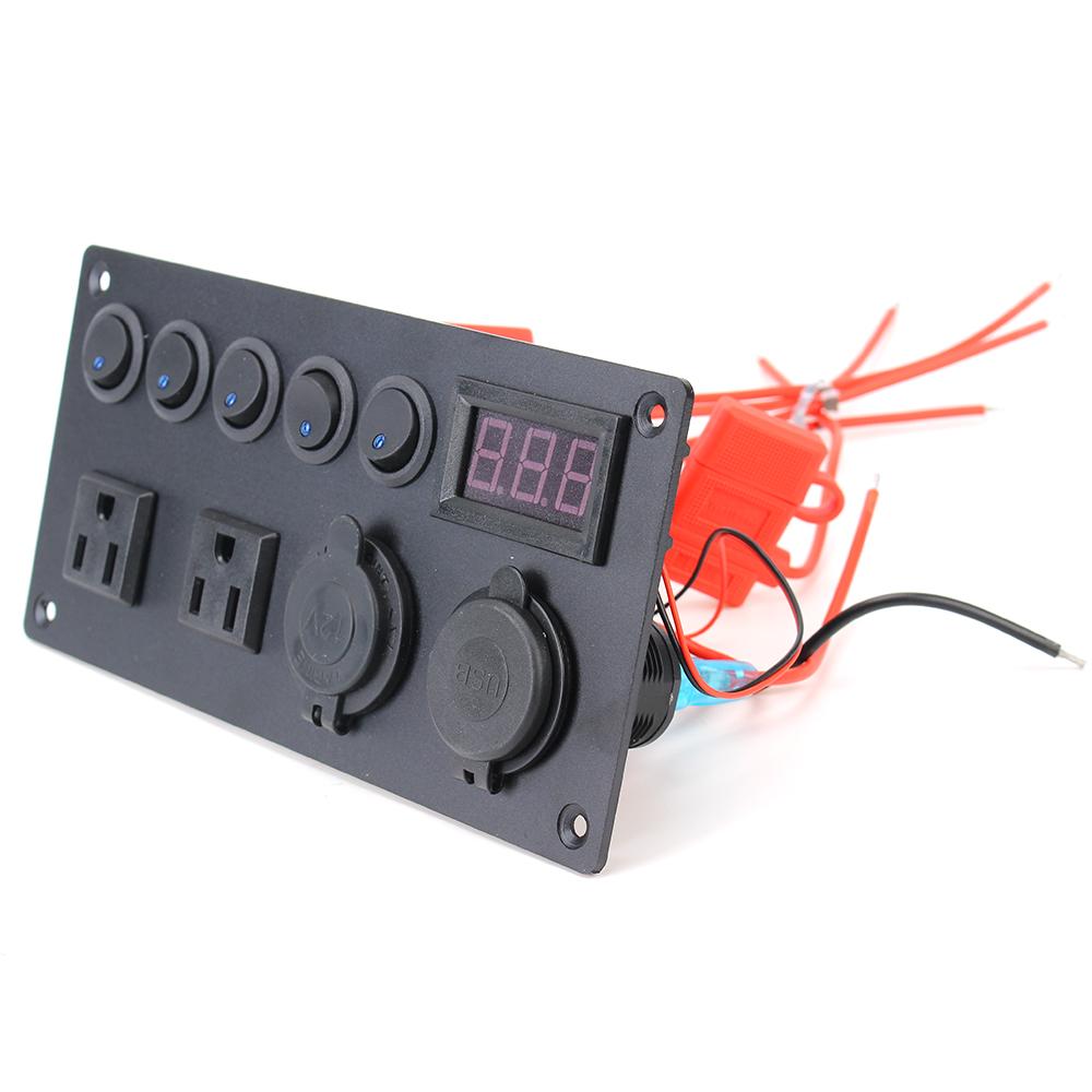 LED Digital Voltmeter 5 Gang Toggle Switch 12V/24V ON-OFF Button Cigarette Lighter For Car Marine Dual USB Port with US Plug Socket Car Switch Panel