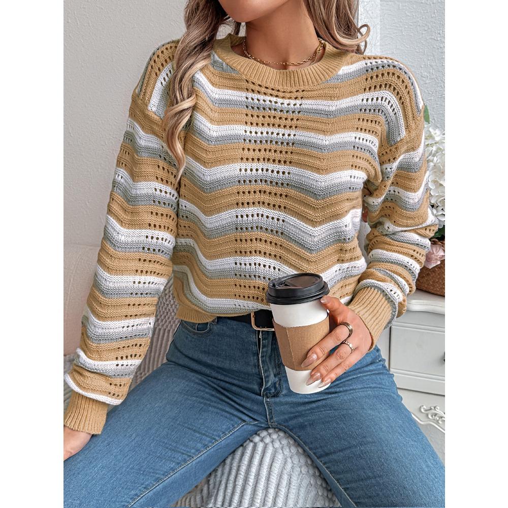 Fashionable Women's Casual Openwork Colour-Block Striped Lantern-Sleeve Pullover
