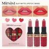 Mirsist 3-Piece Matte Lipstick Set: Waterproof, Fade-Resistant, Non-Stick Cup, and Mist Surface Finish.