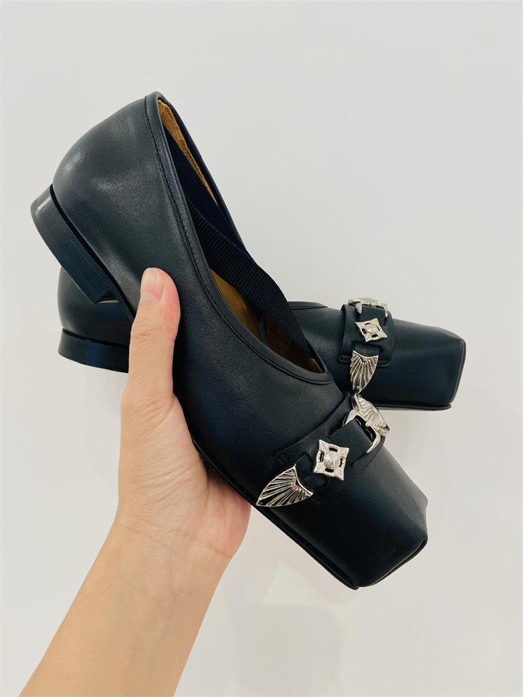 Fashion Spring 2025 Sheepskin Square Head Shallow Mouth Metal Mary Jane Single Shoes Women's Japanese Ballet Shoes