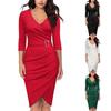 Women V-Neck Dress 3/4 Sleeves Pencil Midi Dress Solid Color Party Club Dress Elegant Office Business Dress