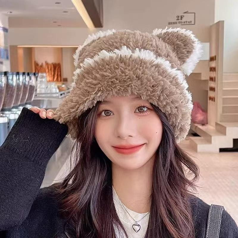 Cute Bear Ears Knitted Hat Children's Autumn and Winter New Soft Waxy Plush Big Head Circumference Warm Bag Head Wool Hat
