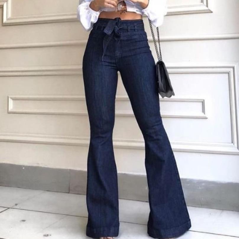 European And American High Waisted Slightly Elastic Lace Up Flared Pants, Wide Leg Pants, Women'S Jeans
