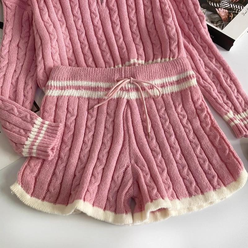 Autumn Winter Women Casual Twist Knitted Sweater Pant Two Piece Set Full Sleeve Zipper Pullover Tops and Elastic Waist Shorts Tracksuit