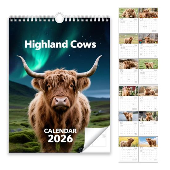 Highland Cow Calendar 2026 Jan 2026 - Dec 2026 12 Month Planner Scottish Wall Art Decor for Home Office