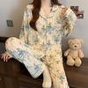 Simple Striped Flower Printing High-End Pajamas Women'S Spring New Long-Sleeved Loungewear Suit Can Be Worn Outside