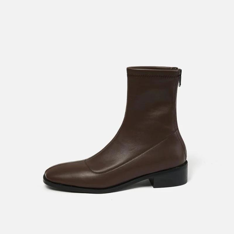 Designer Vintage Square Toe Women Slim Ankle Boots Fashion Elegant Zippers Shoes Autumn Stretch Women's Short Booties