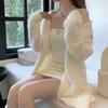 2PCS Winter Sweet Plush Strapless Dress Suits Knitted Fleece Dress + Fleece Cardigan Jacket Two-piece Set