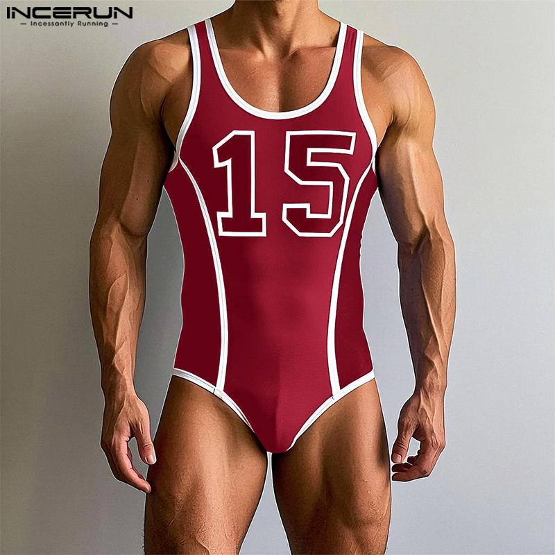 INCERUN Men Strap Sleeveless Letter Print Briefs Bodysuits Jumpsuits Underwear