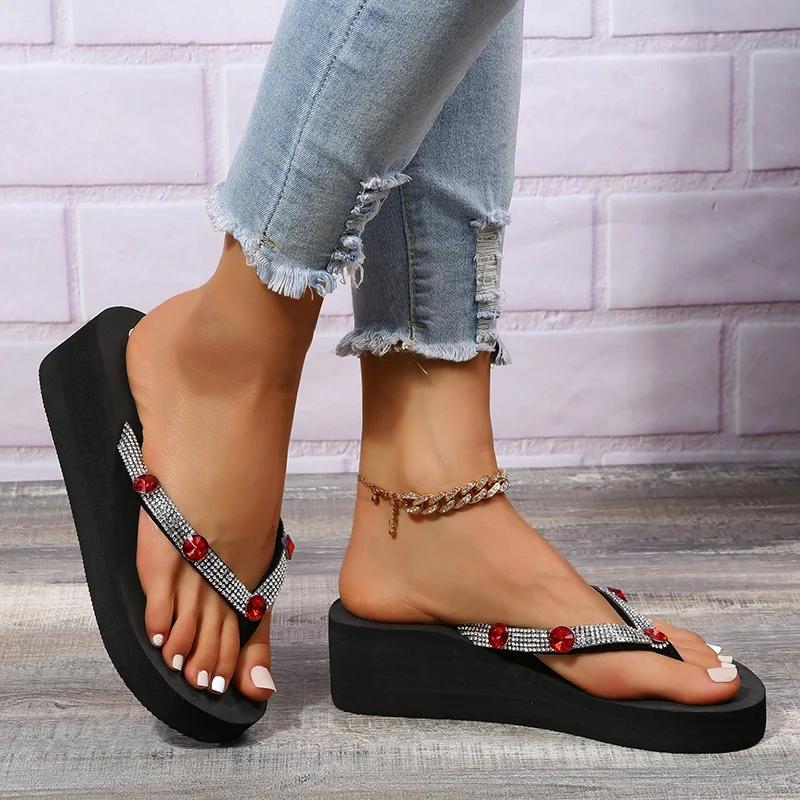 Fashion Rhinestone Sequins Decro Flip Flops for Women Fashion Wedge Platform Sandals Woman Out Wear Lightweight Non-Slip Slippers Mujer