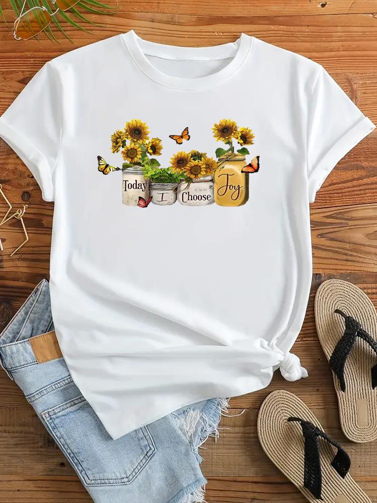 (Asian Size) Clothing Casual Tshirt Women Flower Trend 90s Sweet Cute Short Sleeve Fashion Print Lady Tee Top Female Graphic T-shirts