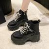 Fashion 7CM Leather Platform Boots New Autumn Wedge Hidden Heels Women Casual Chunky Sneakers Winter Lace-up Walking Ankle Boots Woman
