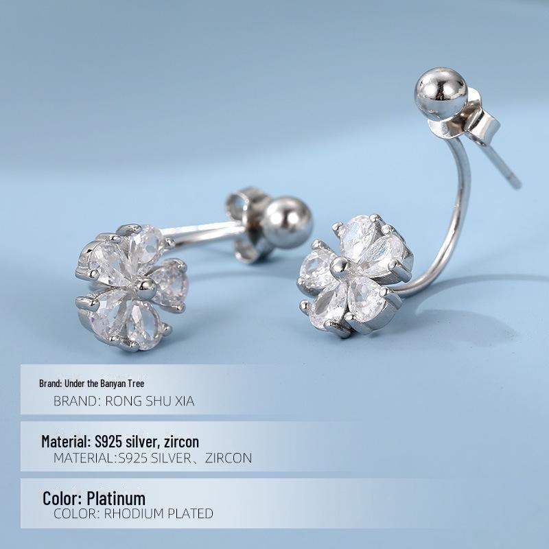 Banyan Tree S925 Silver Diamond Flower Round Bead Back-Hanging Earrings for Women - High-End Korean Trend.