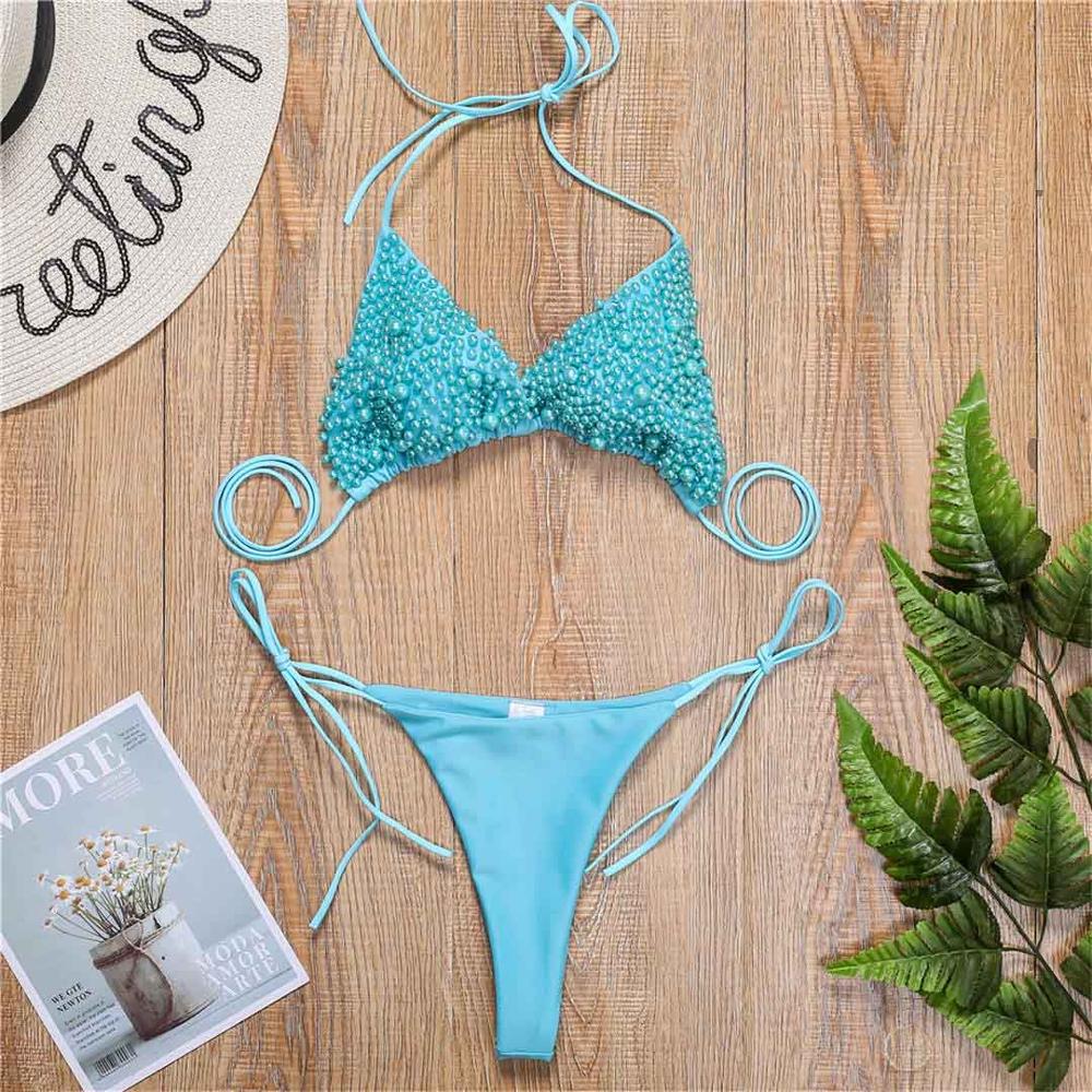 Halter Mini Bikini Female Swimsuit Women Swimwear Two-pieces Bikini Set Luxury Pearl Bather Bathing Suit