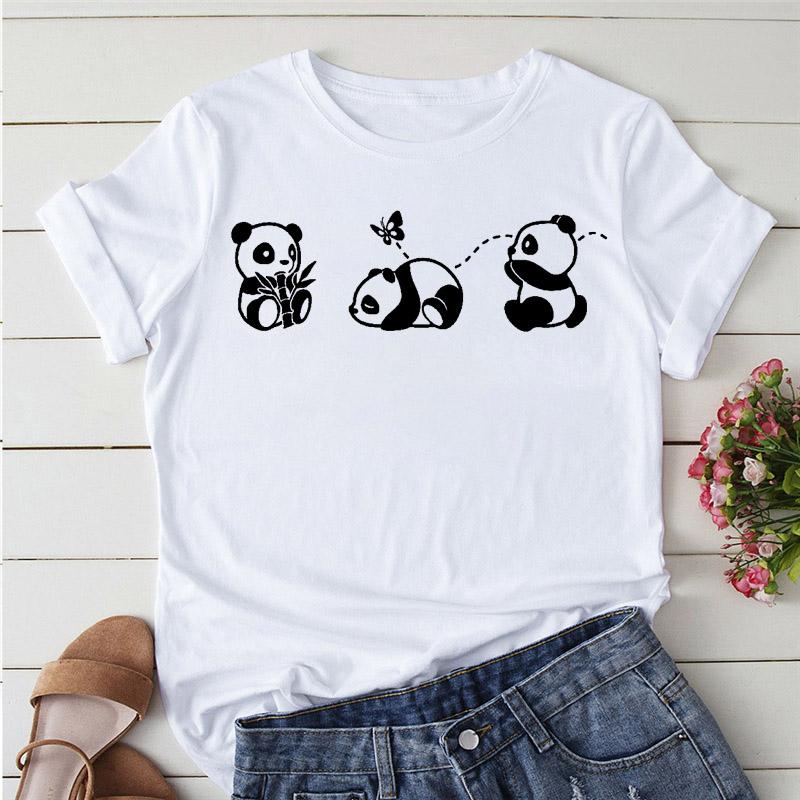 Aesthetics Cute Panda Print Women Basic Tees Cartoon Top O-Neck Simple Tee Short Sleeve T-Shirt Ladies Tees Graphic White Tshirt
